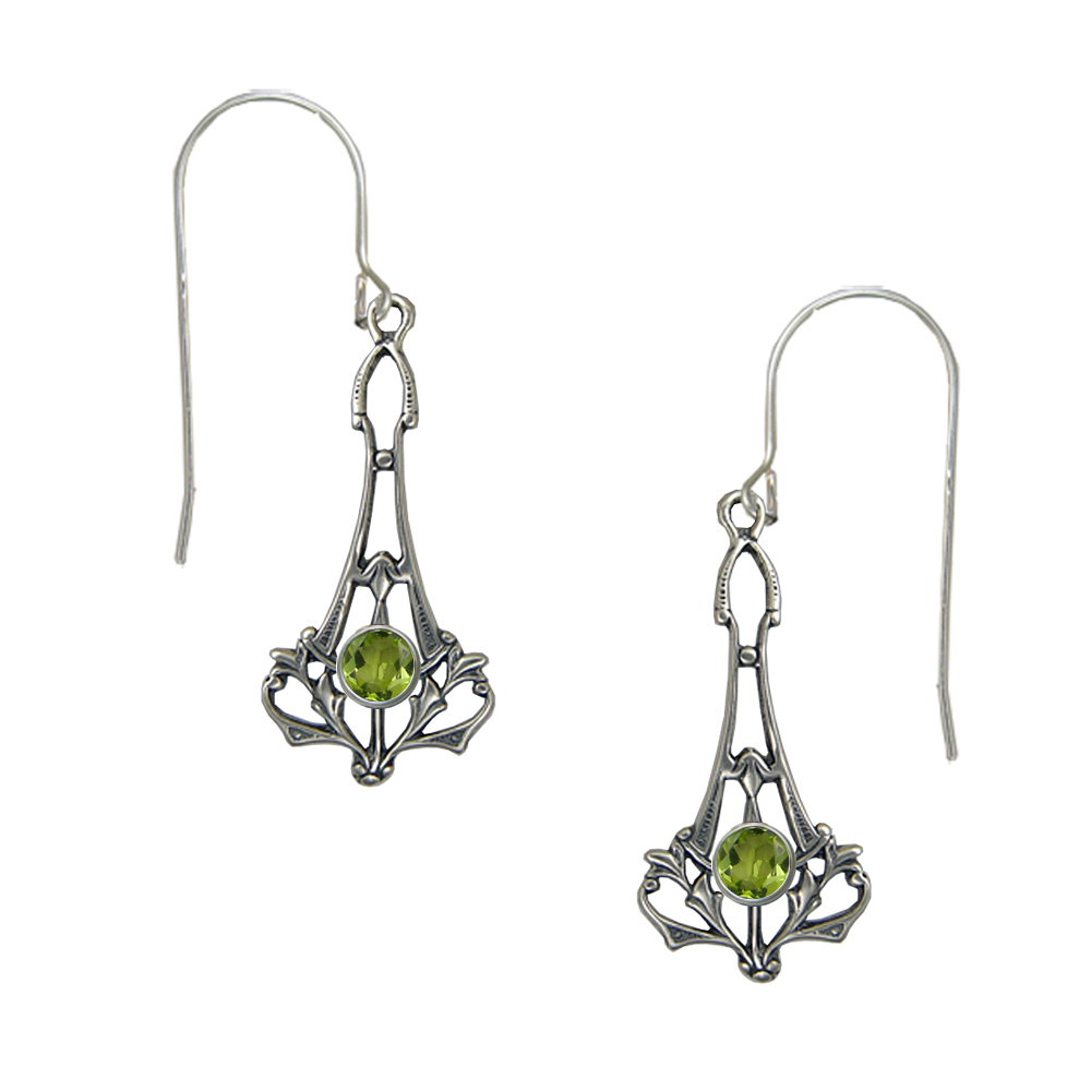 Sterling Silver Art Deco Drop Dangle Earrings With Faceted Peridot